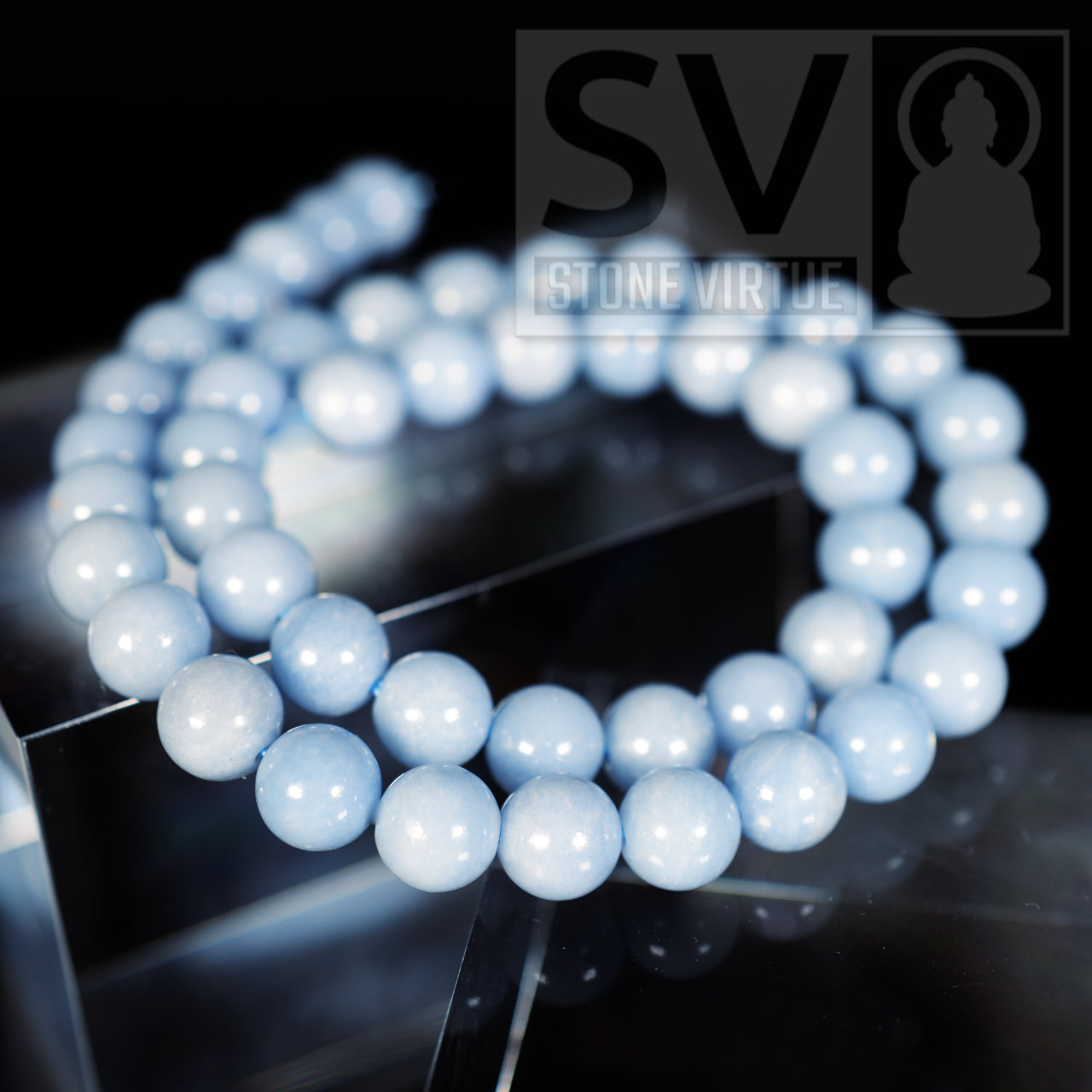 8mm natural Angelite beads, associated with peace, compassion, and connecting to higher consciousness and angelic guidance.