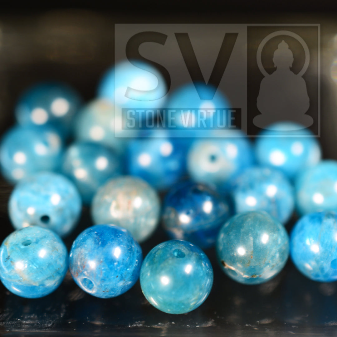 8mm natural Blue Apatite beads, known for enhancing focus, motivation, and aiding in communication and personal growth.