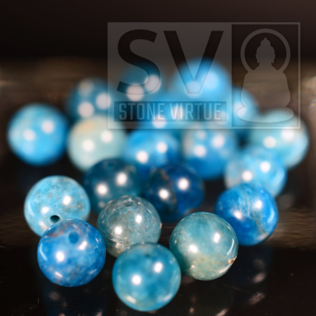 8mm natural Blue Apatite beads, known for enhancing focus, motivation, and aiding in communication and personal growth.