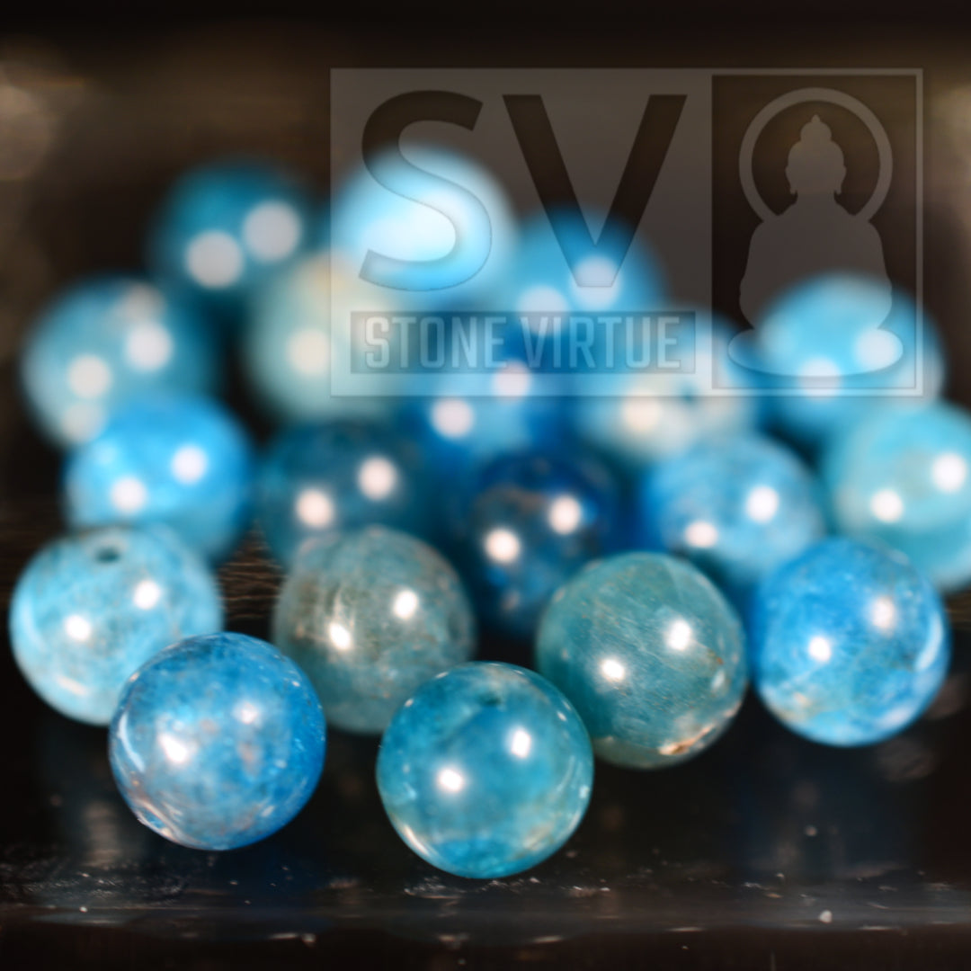 8mm natural Blue Apatite beads, known for enhancing focus, motivation, and aiding in communication and personal growth.