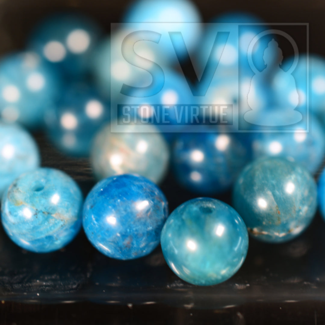 8mm natural Blue Apatite beads, known for enhancing focus, motivation, and aiding in communication and personal growth.