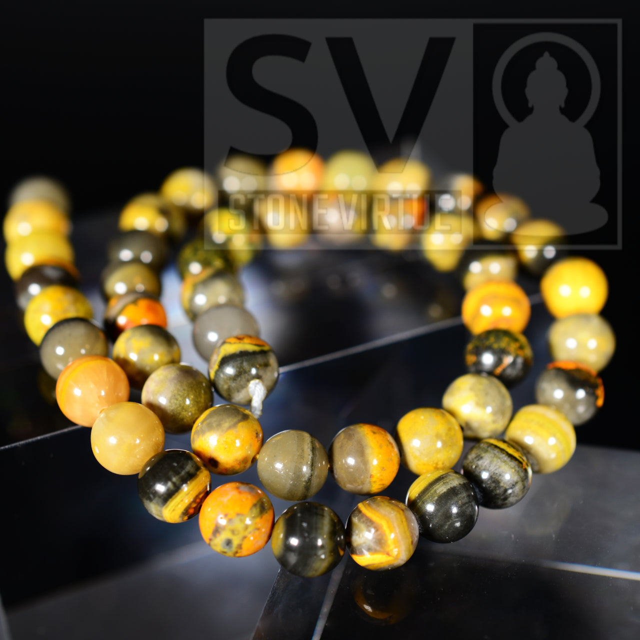 8mm natural Bumblebee Jasper beads, valued for inspiring creativity, personal power, and positivity.