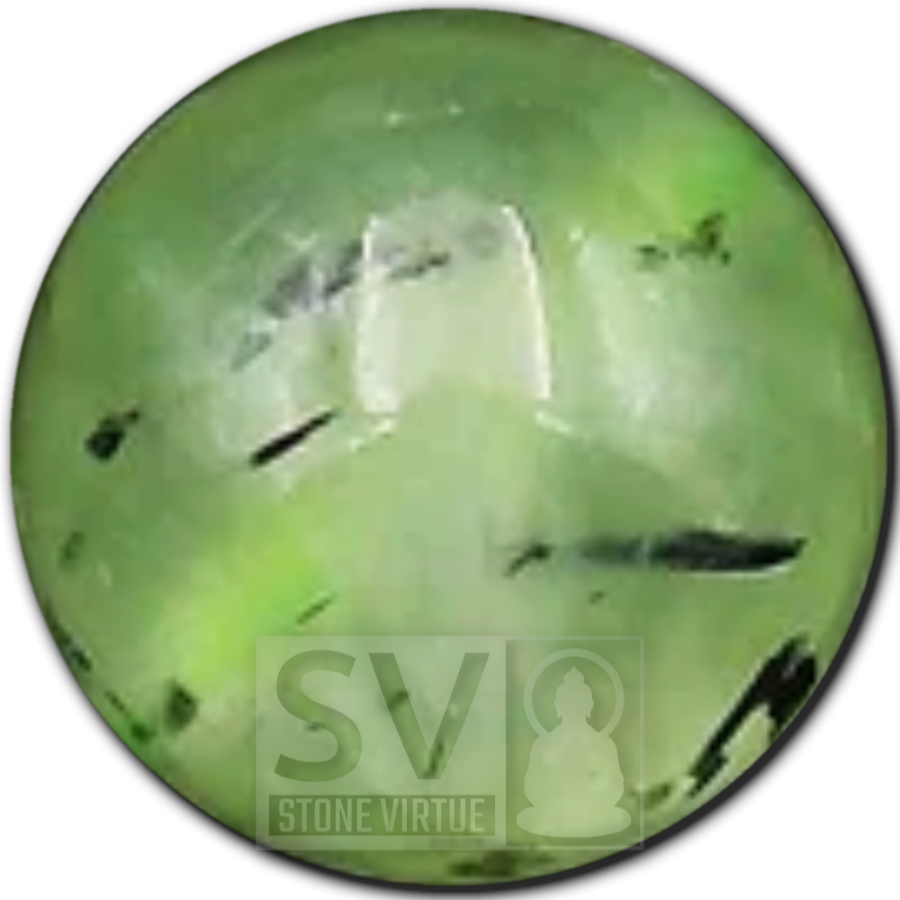 8mm natural Prehnite bead, associated with unconditional love, spiritual growth, and connecting to one’s inner peace and intuition.
